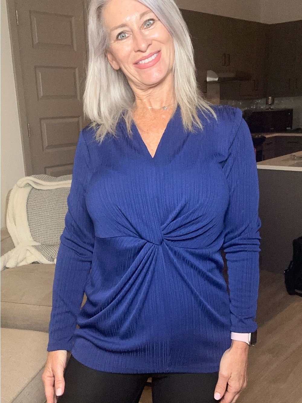 Alfani Ribbed V-Neck Top in Deep Blue